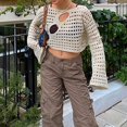thumbnail image 5 of Top recortado Y2K para mujer Top corto de crochet de manga larga Top de rejilla transparente sexy beige L, 5 of 5