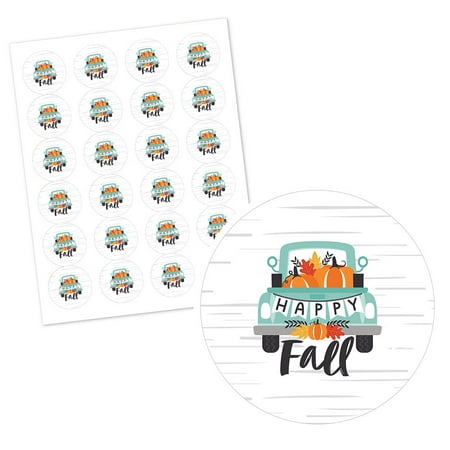 Big Dot of Happiness Happy Fall Truck - Harvest Pumpkin Party Circle Sticker Labels - 24 Count