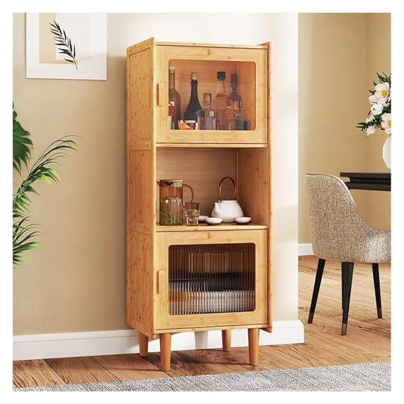 Bamboo Storage Cabinet, 3-Cube Bookcase, Freestanding Liquor Display Sideboard with 2 Single Doors, Corner Organizer for Living Room, Kitchen, Bathroom