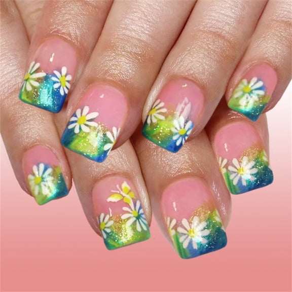 24Pieces French Manicure Artificial Nails Short Square Shimmering Gold Glossy Flowers For Girl