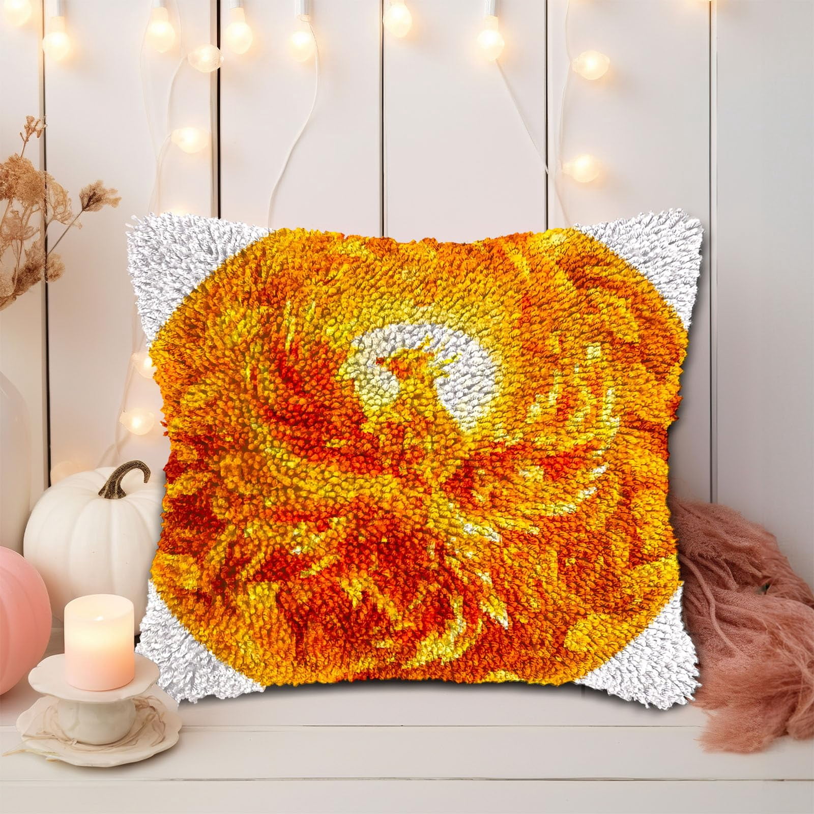 Golden Yellow Bird in Circle DIY Latch Hook Pillow Kits for Adults Printed Pillowcase Crochet Yarns Hooking Handmade Pillow Cover Cushion for Home Sofa Decoration 17x17inch(2)