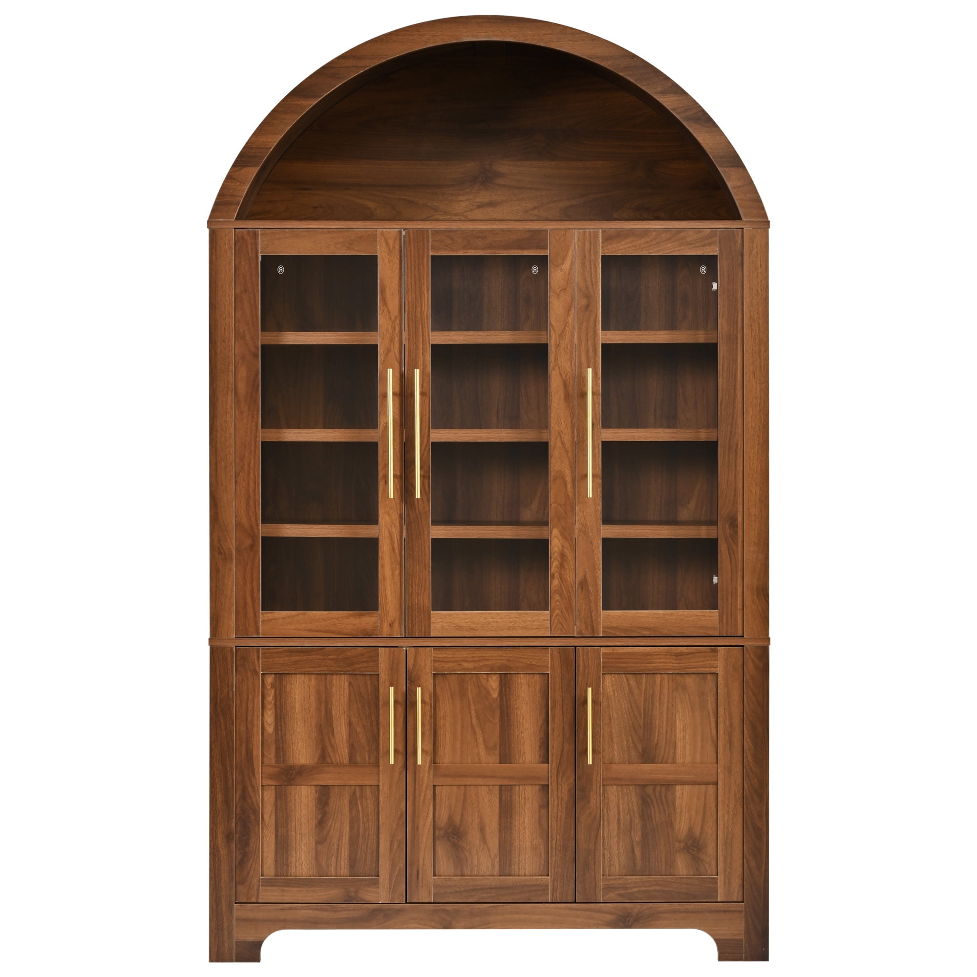 Euroco 73" Tall Arched Kitchen Pantry Cabinet,Farmhouse Wood Kitchen Storage Cabinet with 3 Glass Doors,Door Shelves & Adjustable Shelves,Freestanding Pantry Cupboard for Kitchen Bathroom,Walnut
