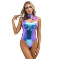 thumbnail image 2 of Women Shiny Metallic Sleeveless Mock Neck Cut Out Bodysuit Catsuit Swimsuit Club Pole Dance Leotard, 2 of 7