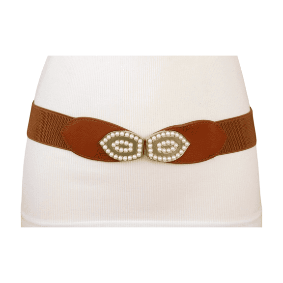 New Women Brown Elastic Band Belt Hip Waist Gold Metal Eye Buckle Pearl Beads S M