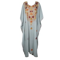 Mogul Women White Maxi Caftan Dress Embellished Floral Embroidered Beach Cover Up Resort Wear House Dress 3XL