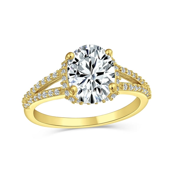 Classic Traditional 3CT AAA CZ Brilliant Cut Solitaire Oval Engagement Ring for Women With Split Shank Thin Band Yellow 14K Gold Plated .925 Sterling Silver