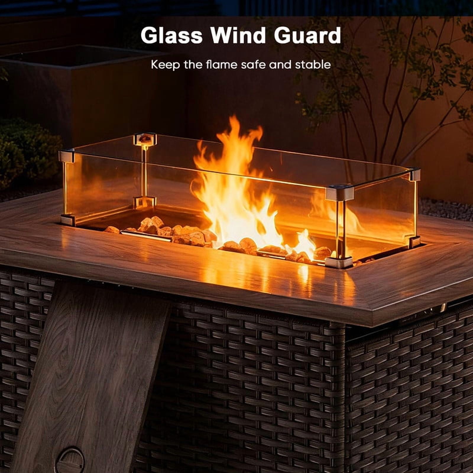 Giantfurnni 41" Propane Fire Pit Table with Lid, Outdoor Wicker 50,000 BTUs Rectangle Gas Fire Pit Table with Glass Wind Guard and Lava Rocks for Balcony Porch Deck
