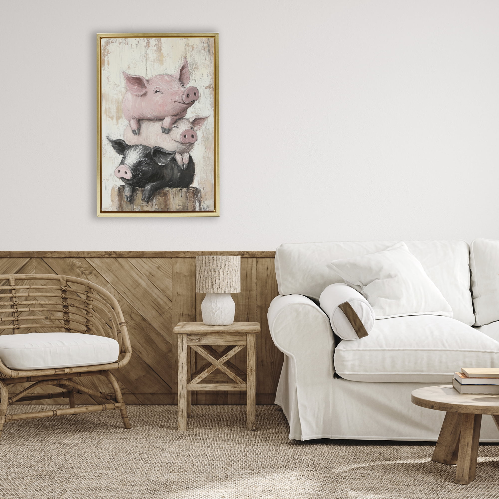 Stupell Industries Pig & Piglet Pile Gold Framed Floater Canvas Wall Art, design by Tina LeCour