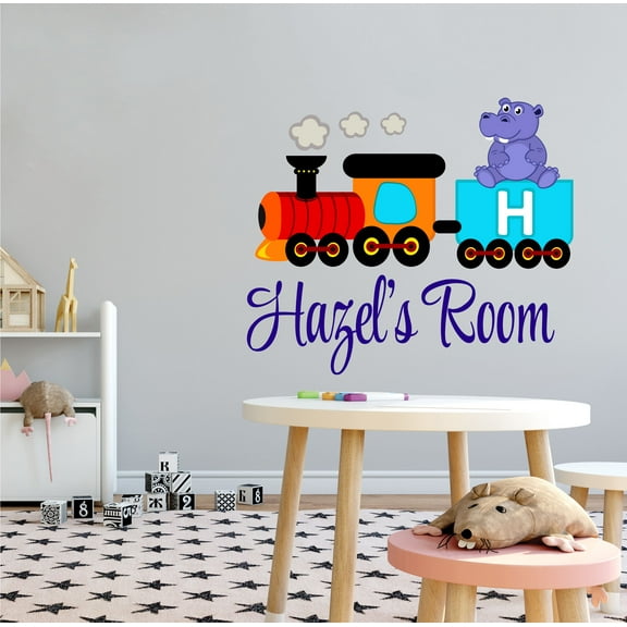 ALPHABET - Easy To Apply Educational Vinyl Art Decoration Hippopotamus Safari Animal In A Train Design Adhesive Home Living Room Wall Decal - Kids Bedroom Customized Name Wall Décor Sticker 10" x 9"
