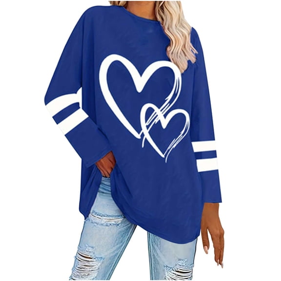 Fesfesfes Women's Large Size Tops Trendy Loose Printed Long Sleeve Classic Round Neck Shirt Comfy Casual Homewear for Fall Winter(Blue,3XL)