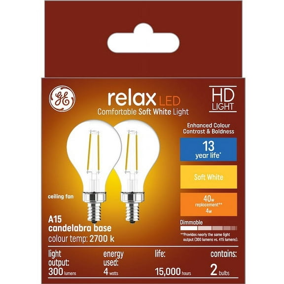 (2 bulbs) GE Relax HD Soft White 4 watt LED Clear Ceiling Fan Candelabra Base A15 Light Bulbs, 40 watt replacement, Dimmable