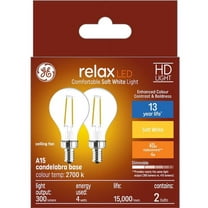 (2 bulbs) GE Relax HD Soft White 4 watt LED Clear Ceiling Fan Candelabra Base A15 Light Bulbs, 40 watt replacement, Dimmable