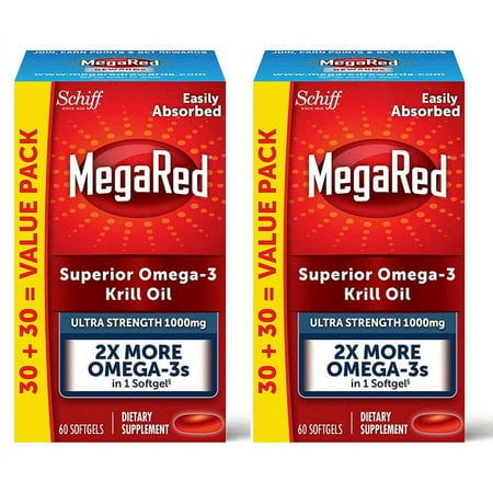 MegaRed Omega-3 Krill Oil Supplement 1000mg - Ultra Strength Softgels (60 Count in A Box), Has No Fishy Aftertaste, Has EPA and DHA, Antioxidant, Astaxanthin- 2 Pack