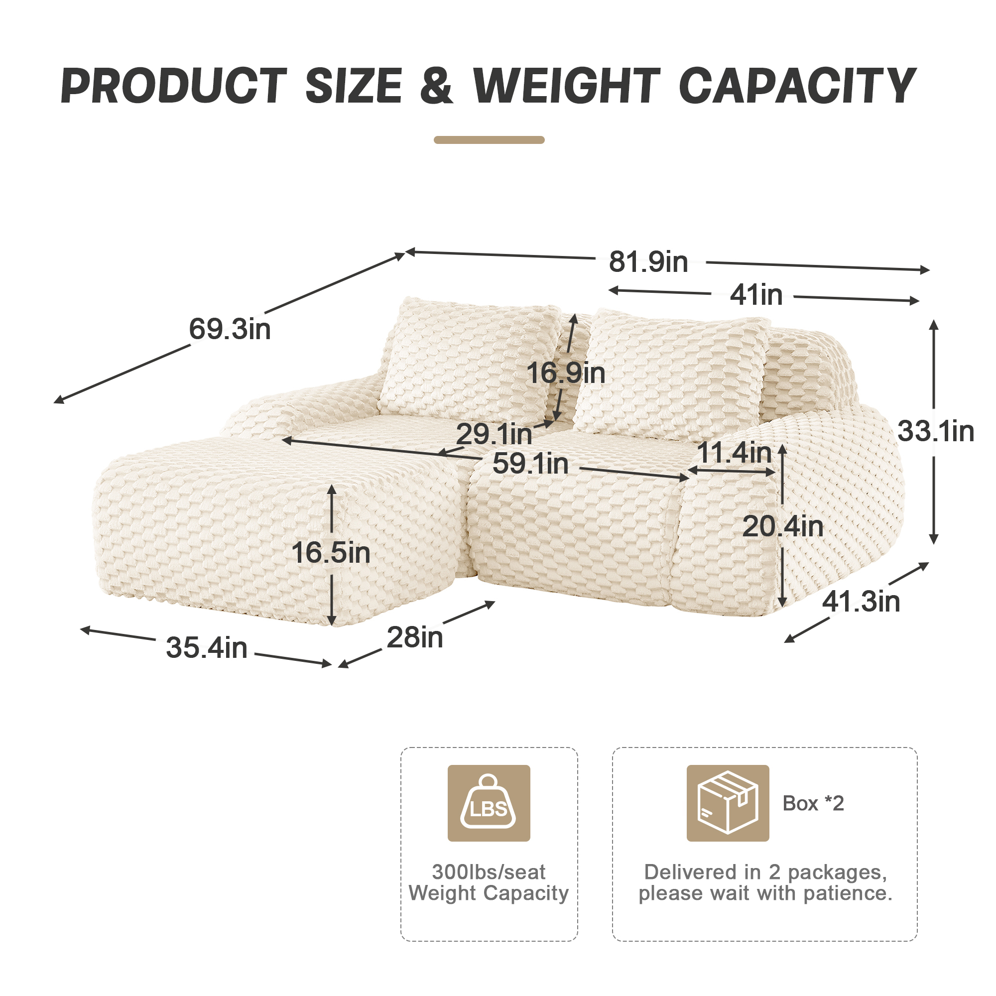 Alvantor 82" Cloud Modular Sectional Sofa Loveseat with Movable Ottoman, Deep Seat Flannelette Boneless Couch for Living Room Bedroom Cream