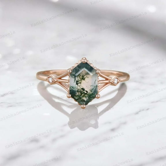 KANISHKAGEMS&JEWELS 8x6MM / 2Ct Vintage Moss Agate Ring Engagement Ring For Women Natural Gemstone Wedding Jewelry CZ Diamond Gift Ring