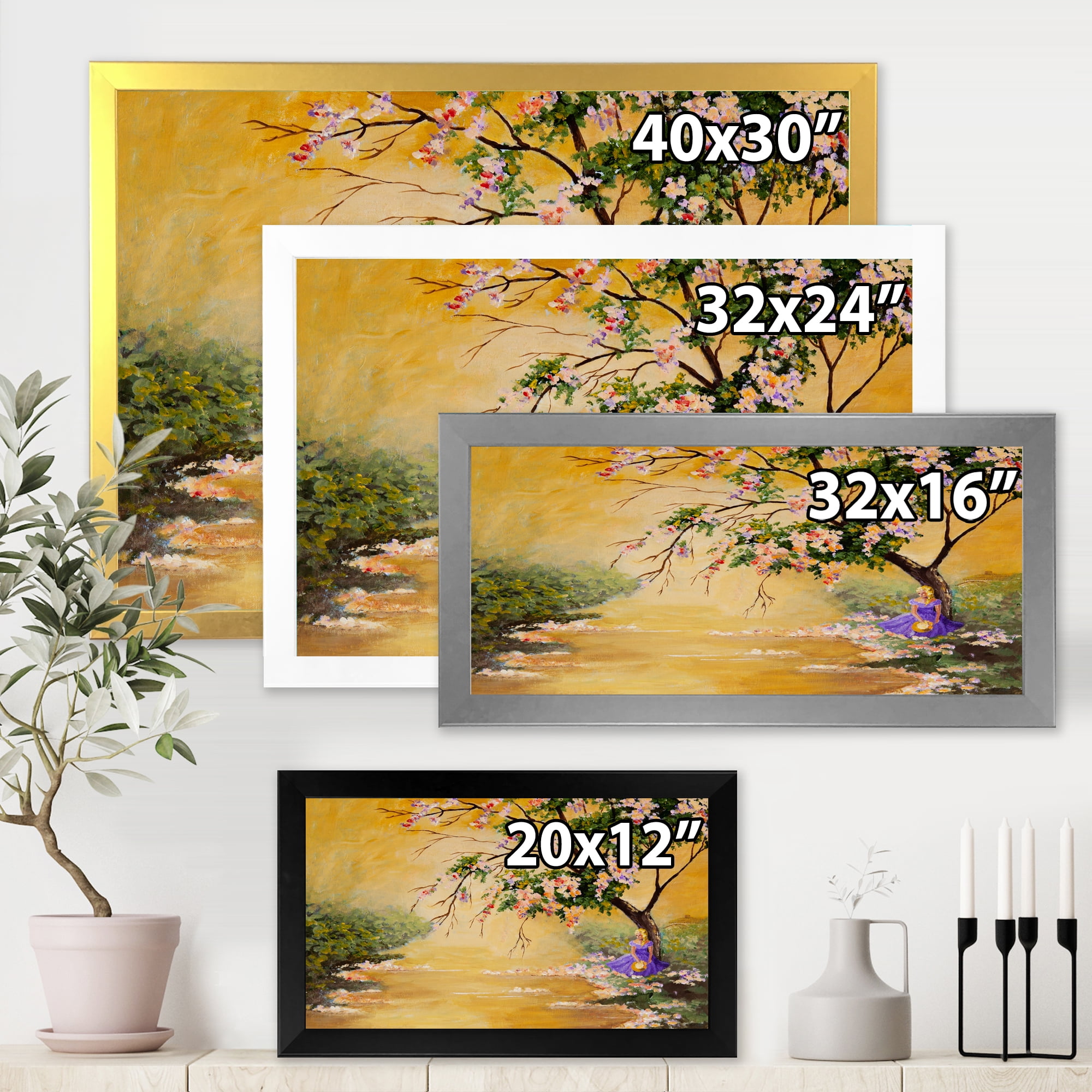 Beautiful Girl Standing By The Flowering Tree 32 in x 24 in Framed Painting Canvas Art Print, by Designart