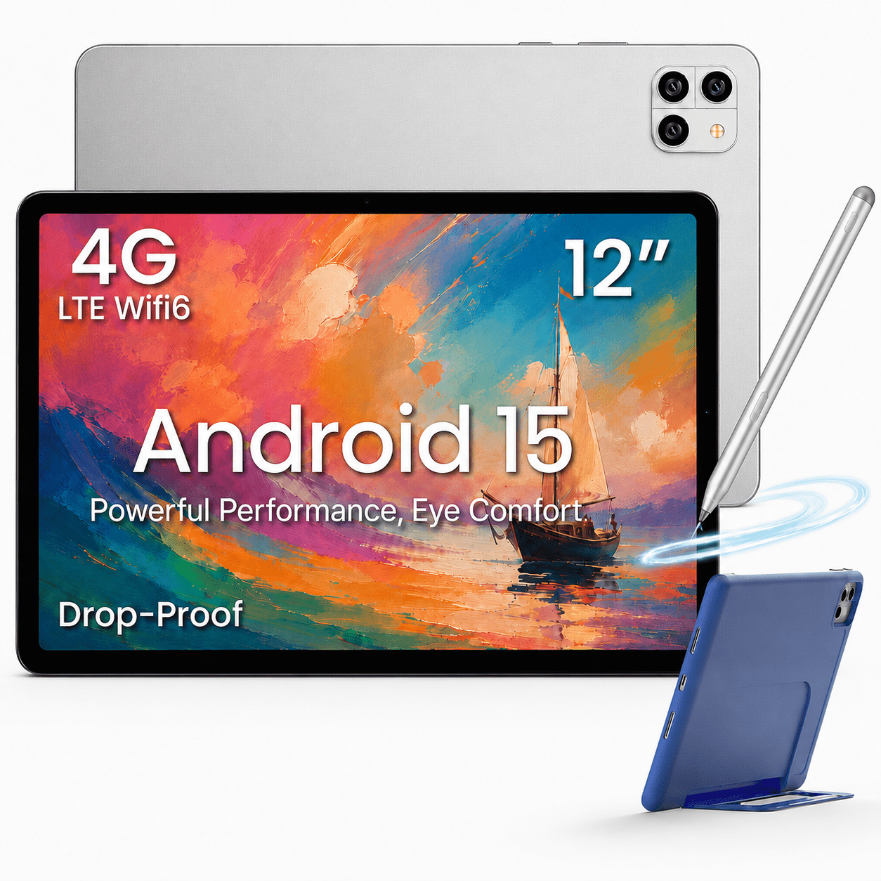 Callsky Tablet 12-Inch, Android 15 Tablet, 4G LTE, 8GB RAM, 256GB Storage, 2K Display, Wi-Fi 6, Stylus & Flip Case