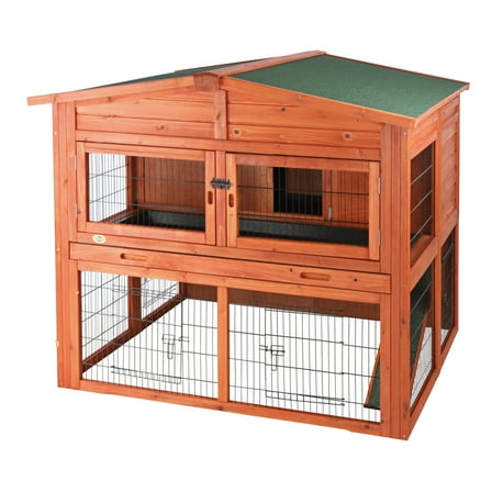 TRIXIE Deluxe Weatherproof Outdoor 2-Story Large Wooden Small Animal Hutch, Run, Tray, Brown