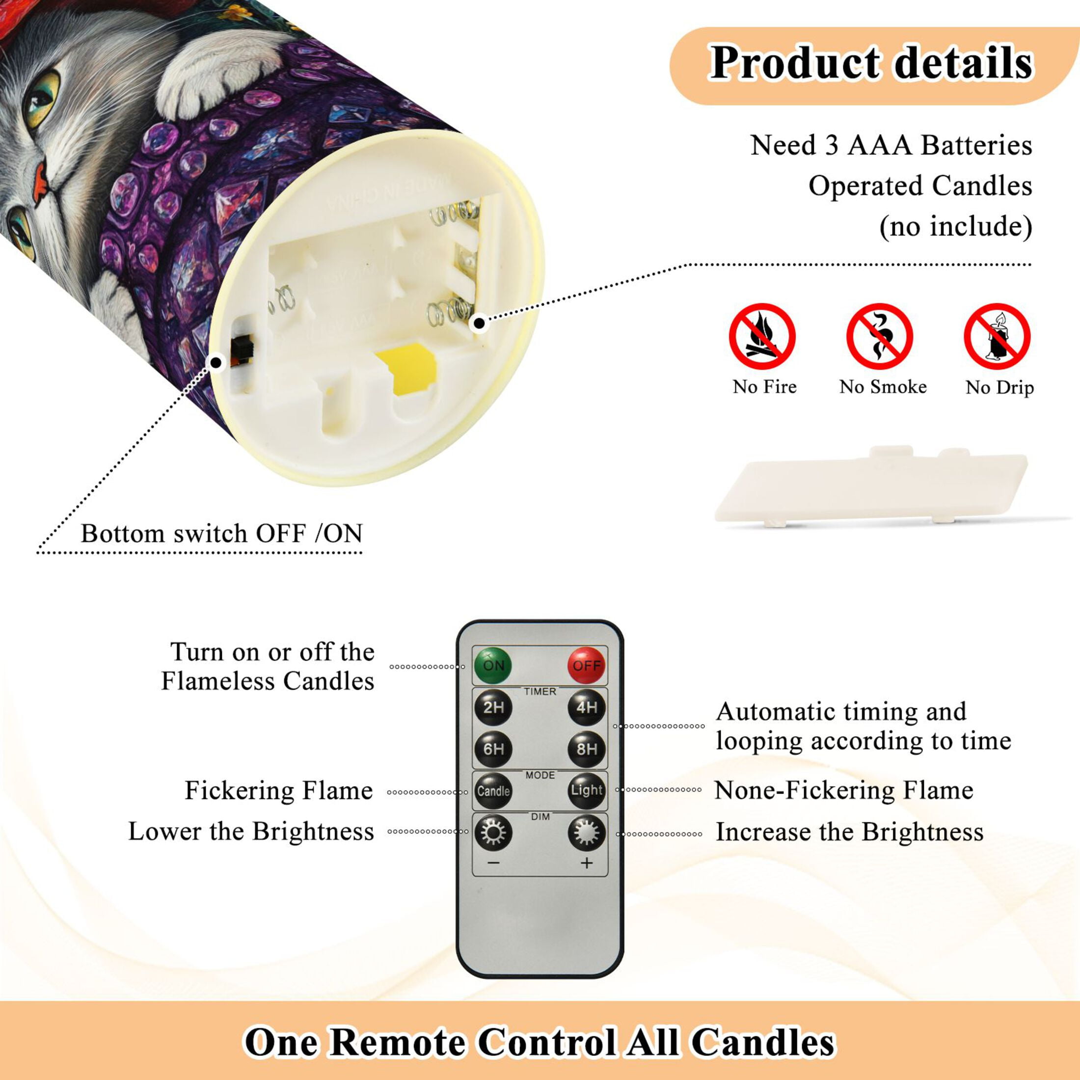 Wobogo Cute Cat Wearing Wreath Flameless Candles with Remote Battery Operated Flickering LED Candles with Timer 2/4/6/8H Medium Size
