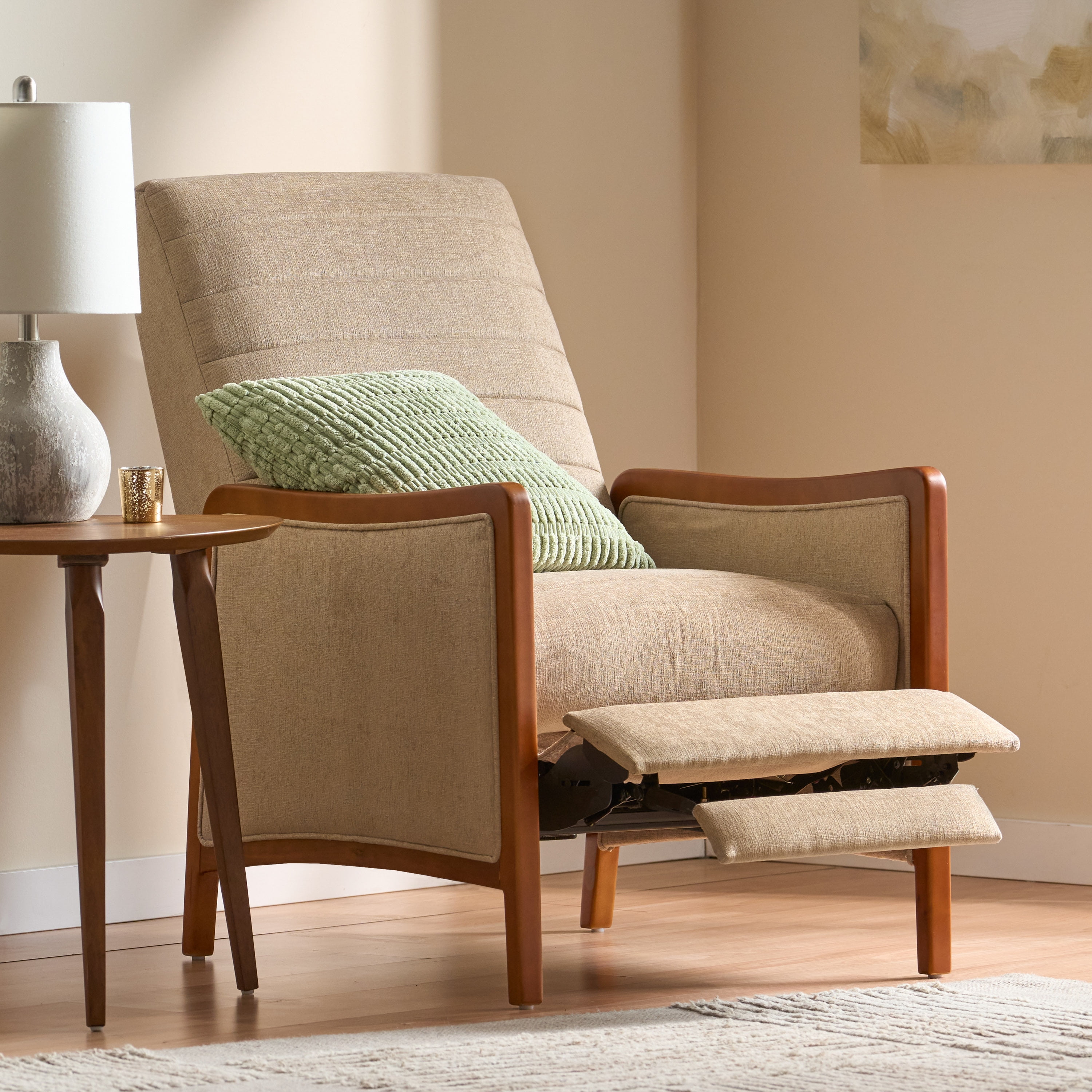 Euroco Mid-Century Modern Push Back Recliner Chair with Birch Wood Frame and Channel Tufted Upholstery, Lounge Accent Chair