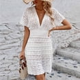 thumbnail image 4 of SWSMCLT Women's Deep V Neck Beach Dress Bikini Swimsuit Coverup Dress Cover Up Knitted Crochet Cover Up Dress Summer Fitted Soft Short Sleeve High Waisted White 14, 4 of 4