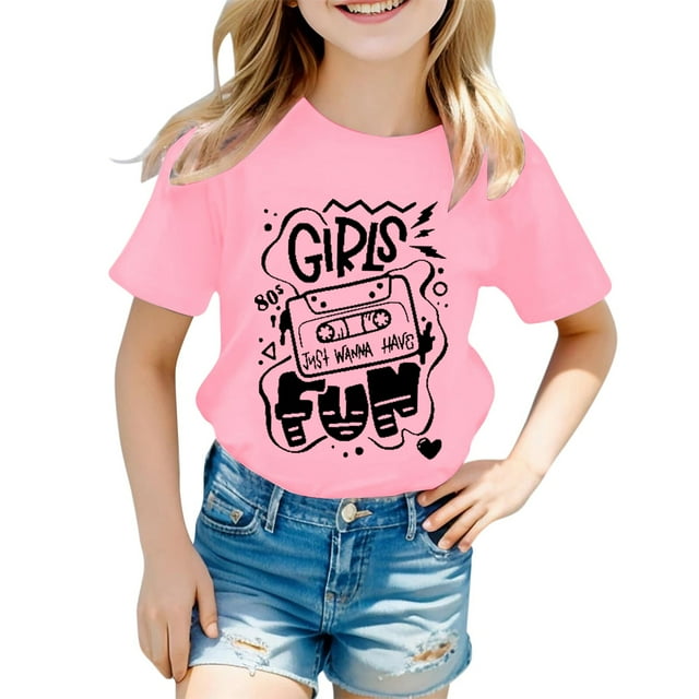 MEZZALL T-Shirt Décontracté Mode Fille Lettre Col Rond Manches Courtes, Rose, 4-5 Ans