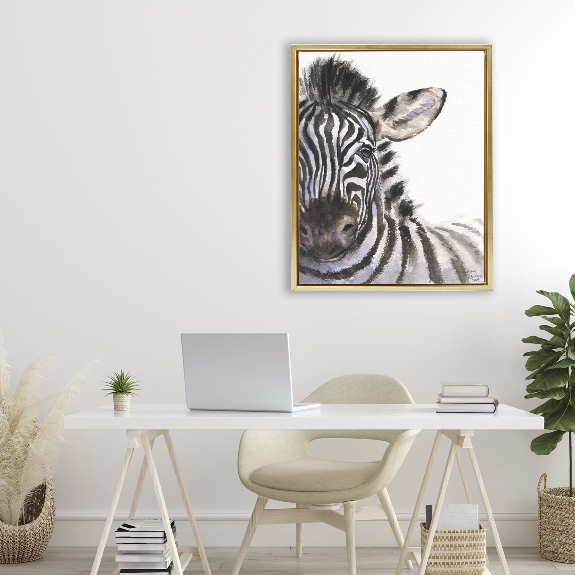 Stupell Industries Zebra Portrait on White Gold Framed Floater Canvas Wall Art, design by George Dyachenko