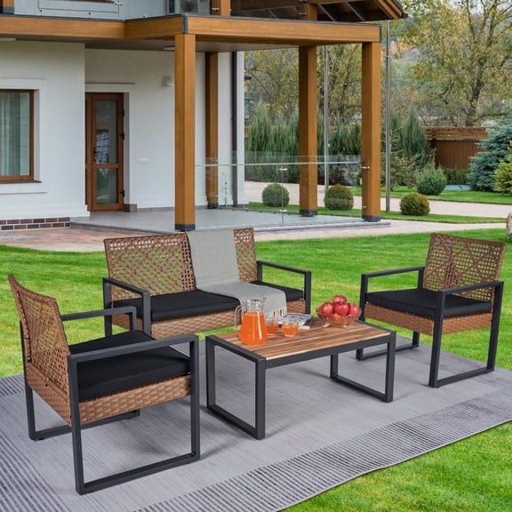 Noble House 4-Piece Patio Furniture Set, Acacia Wood & Rattan Outdoor Conversation Set, Black & Light Brown
