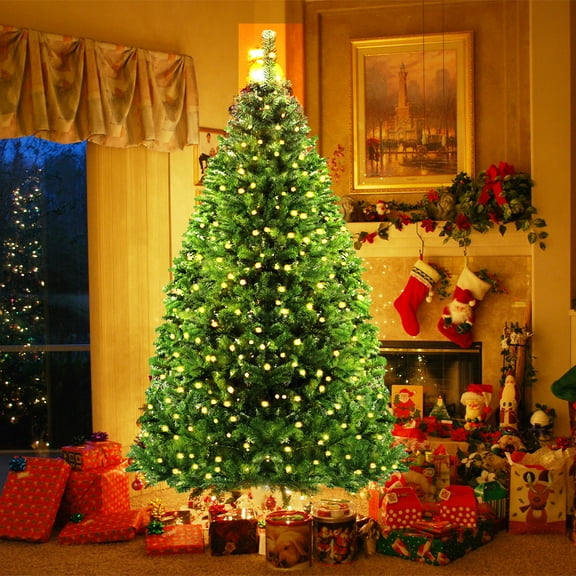 6 Ft Pre-lit Christmas Tree with 300 Pre-strung LED Lights, Artificial Hinged Party Tree Holiday Xmas Tree with Metal Foldable Stand for Home Office Party Festival Decoration, Green