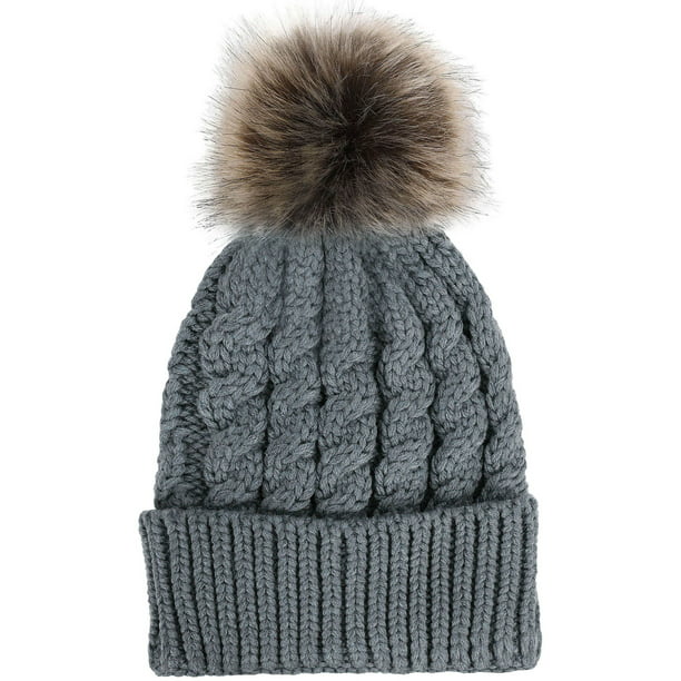 Women's Winter Soft Knitted Beanie Hat with Faux Fur Pom Pom, Heather ...