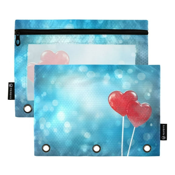 2 Pack Pencil Pouch for 3 Ring Binder Blue with Heart Pencil Case Clear Window Zipper Pencil Bag Organizers
