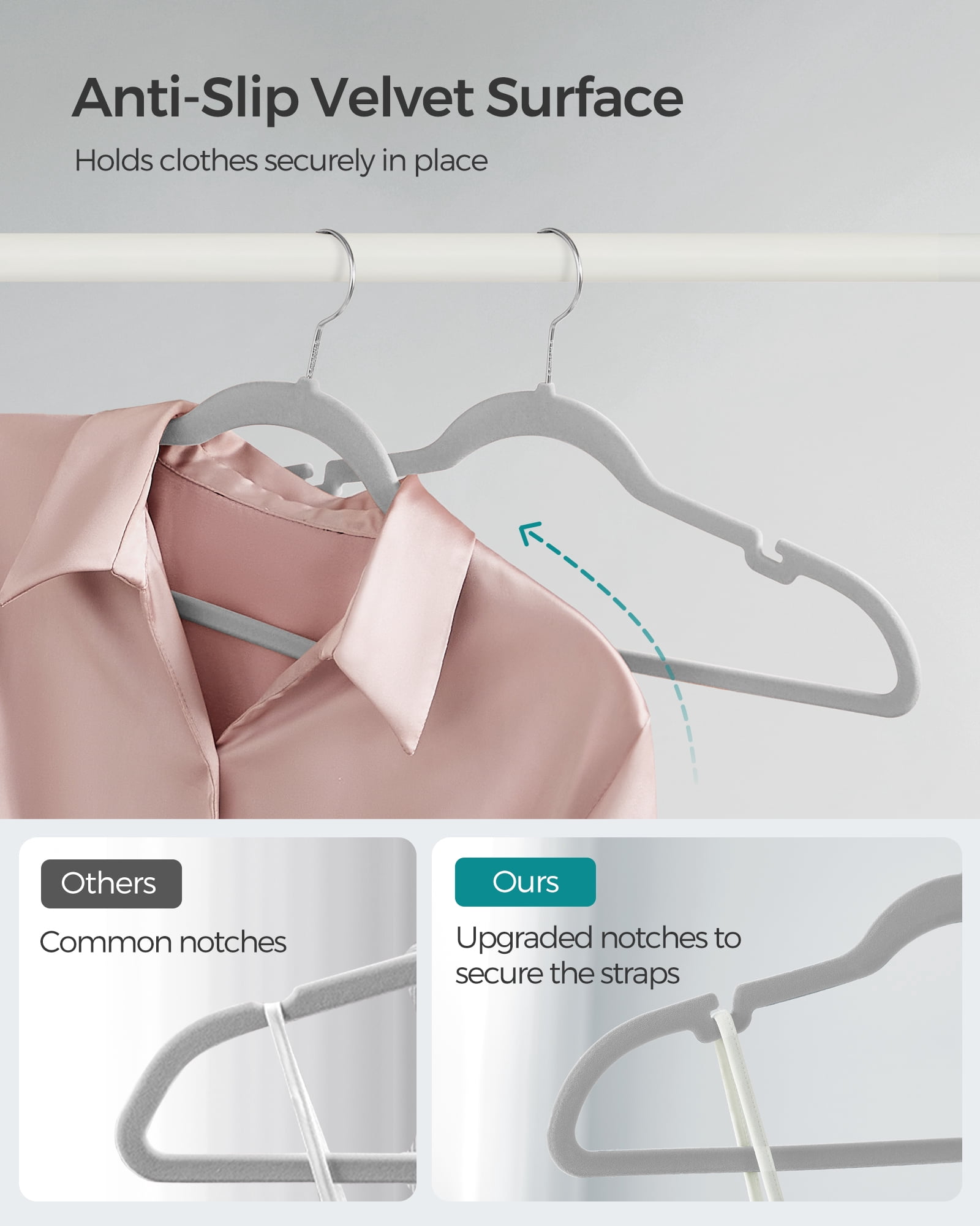 50-Pack Velvet Non-Slip Hangers with 360° Swivel Hook, Pants Bar & Shoulder Notches, Space Saving Closet Organizers, Dove Gray