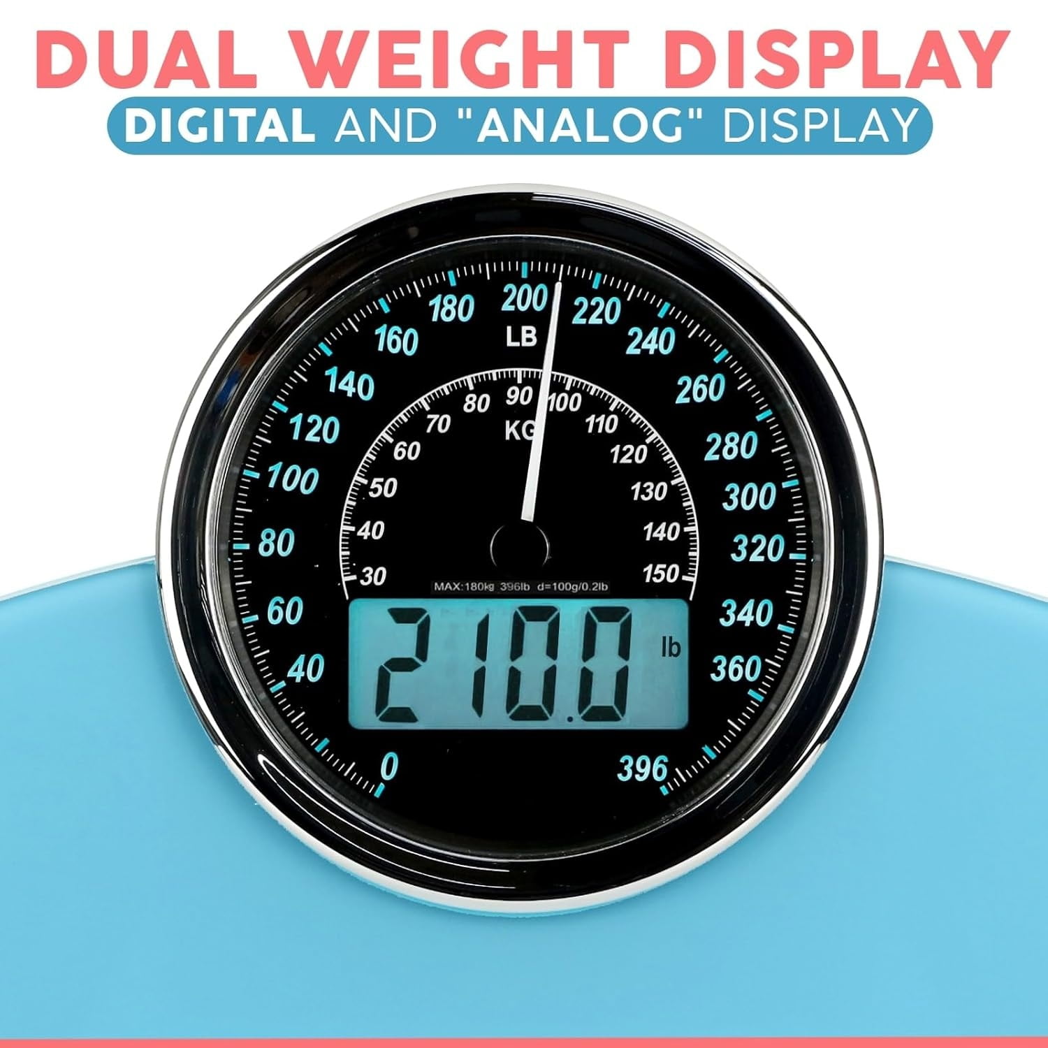 2-in-1 Analog & Digital Weighing Scale for Body Weight up to 400lbs - Thick Tempered Glass - Extra Large Display - Easy to Read Digital Bathroom Scale - New - Light Blue