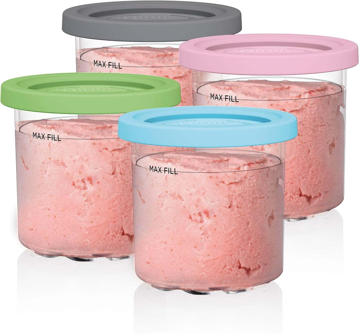 Ninja CREAMi Pints and Lids, 4 Pack, Aqua Lime Pink Gray