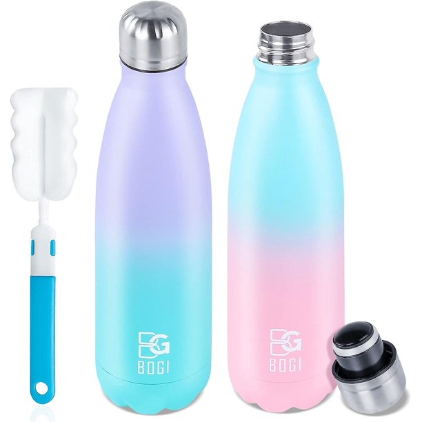 Botella de agua aislada, paquete de 2 botellas de agua de acero inoxidable de 17 oz, botellas de agua de metal deportivas a prueba de fugas que mantienen la bebida fría durante 24 horas y ca