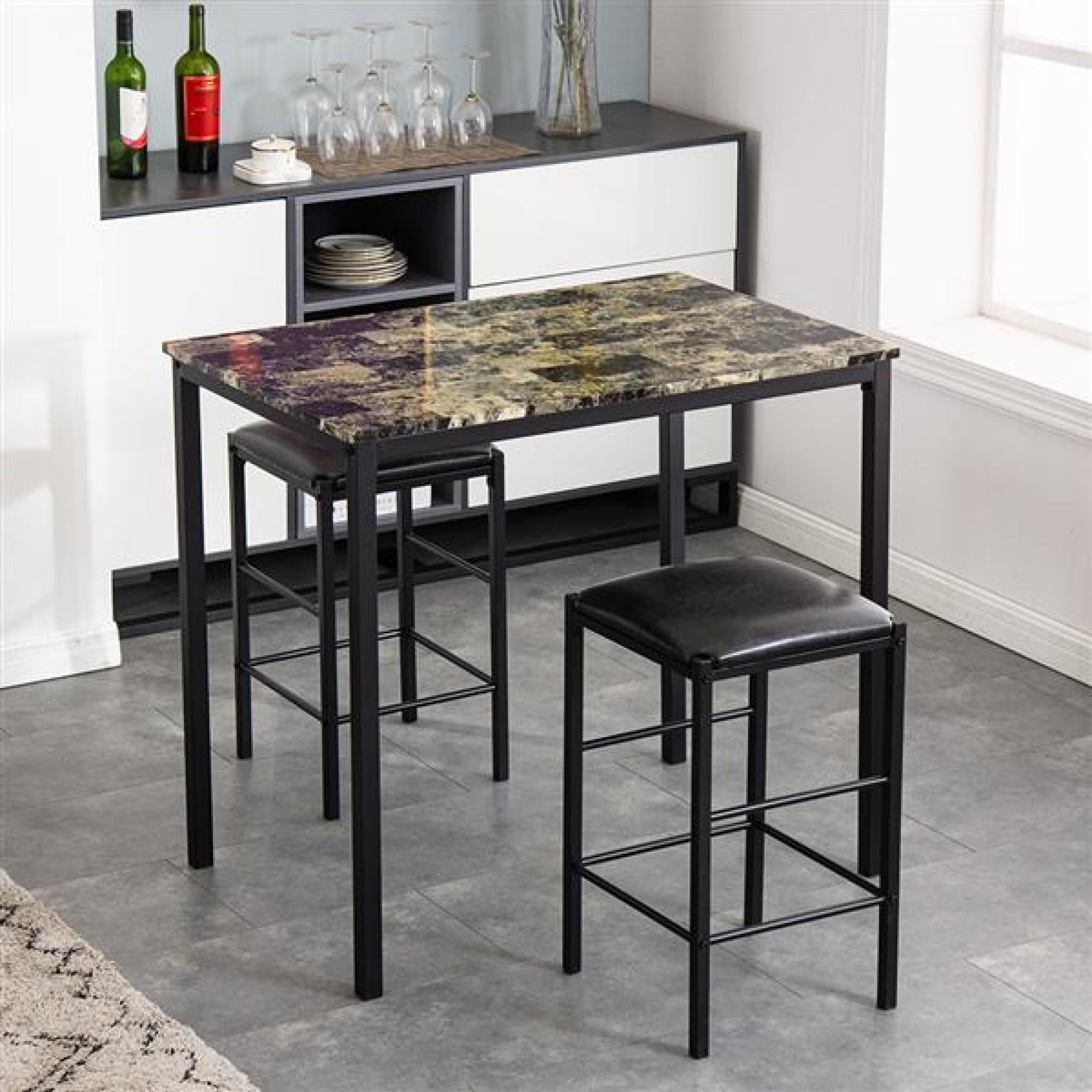 3Pieces High/Pub Dining Table Set with 2 Faux Leather Backless Bar