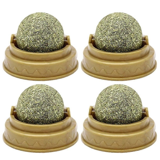 4Pcs Cat Licking Ball Natural Catnip Wall Stick-on Ball Toy Cat Treats Mint Leaf Ball Rotating Puzzle Balls Pet Supplies for Little Cats (Green)