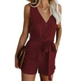 thumbnail image 4 of Women Solid Color Rompers Deep V-Neck Sleeveless Summer Short Jumpsuits, 4 of 9