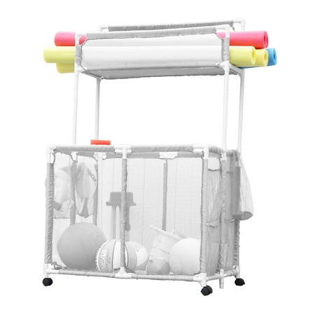 Essentially Yours Pool Storage Equipment Organizer Holder - Noodles  Toys  Balls and Floats Mesh Rolling Double Decker Bin  Large with Noodle Rack  (23  L x 35.3  W x 59.4  H)  White