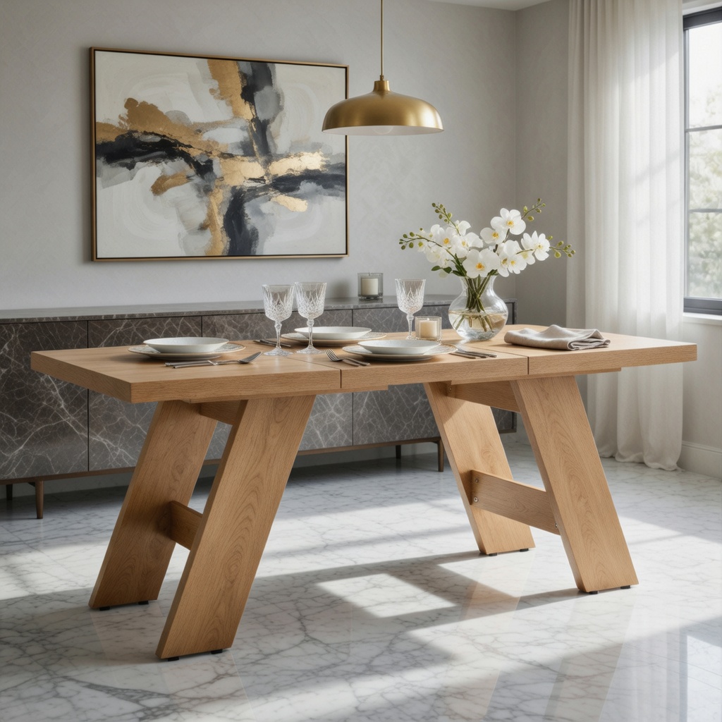 Hommoo Modern Grain MDF Dining Table, 71" x 31.5" Rectangular Extendable-Style Table with V-Shaped Outward-Sloping Legs, Seats 6–8, for Dining Room, Home Office & Multi-Use Spaces, Natural