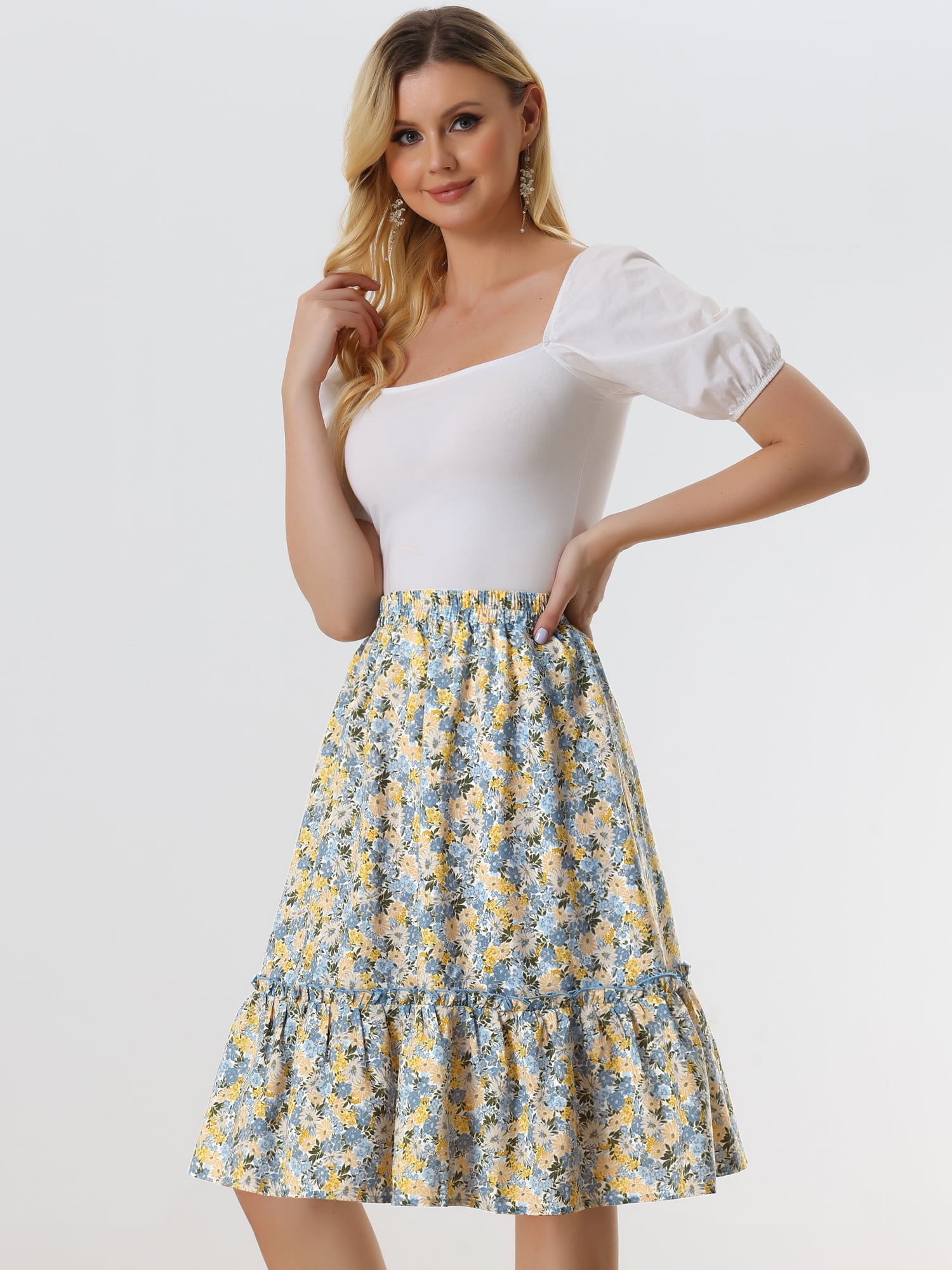 DARING DIVA Women's Flowy Ruffle Hem Tiered Floral Midi Skirt S White Yellow