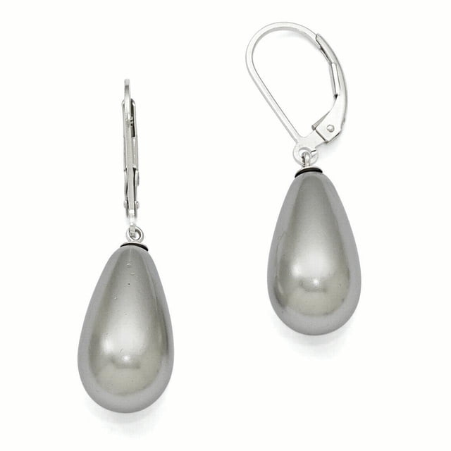 925 Sterling Silver 10x18mm Teardrop Grey Simulated Shell Pearl Leverback Dangle Earrings Drop Natural Stone