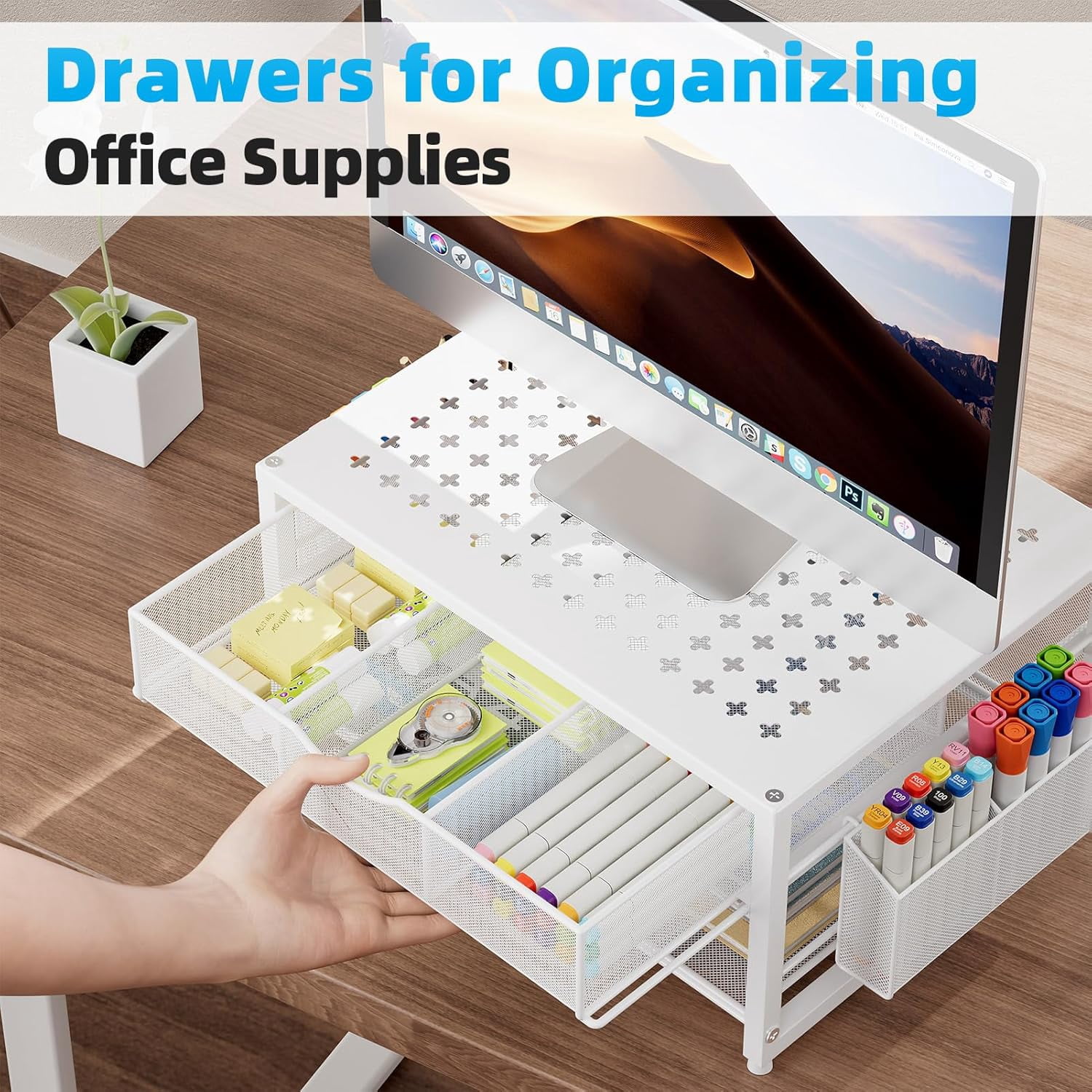 Metal Printer Stand for Desk with Storage Drawer and 2 Pen Holders, 2-Tier Desktop Organizer Printer Table for Home Office, Multi-Purpose Desk Organizer for Fax Machine Scanner Files(White)
