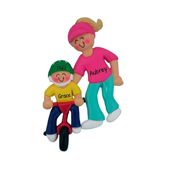 Ornaments by Elves Personalized Blonde Mom and Kid Riding Scooter Christmas Ornament 2024 .25 lbs