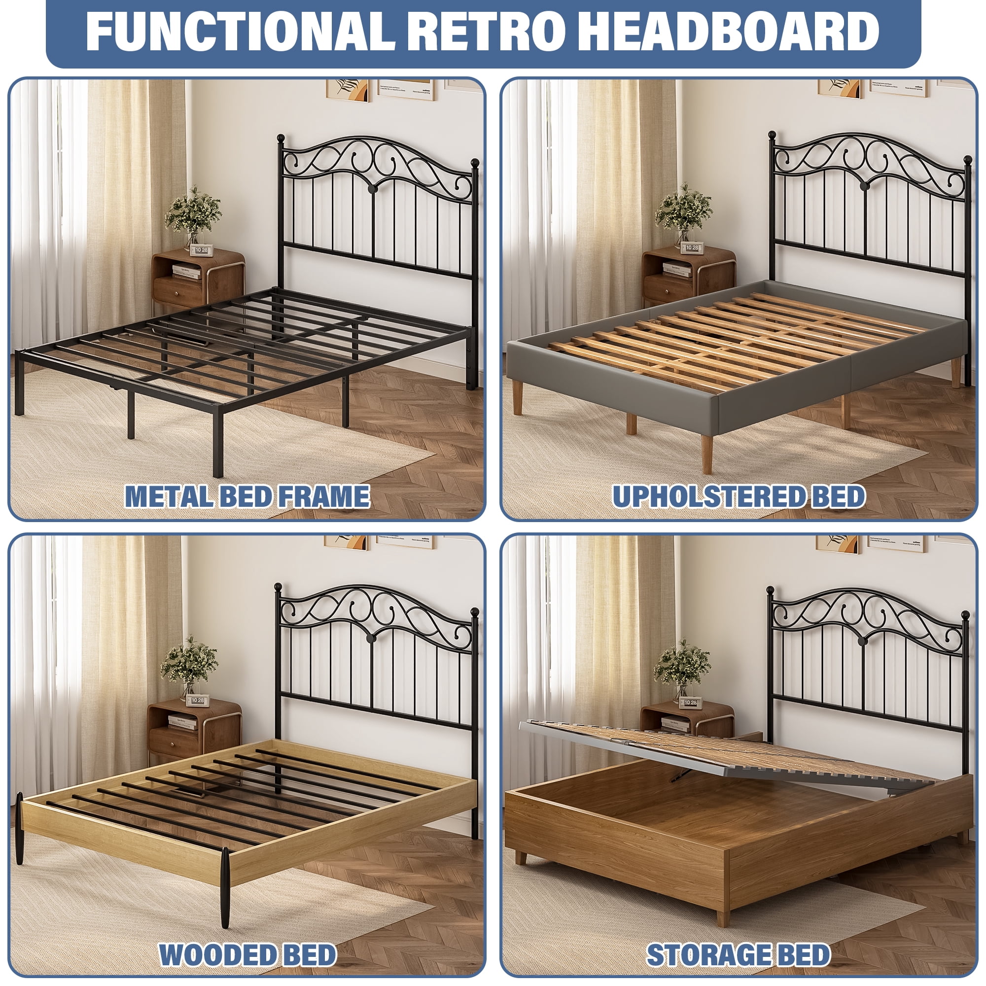 Yoneston Retro Sturdy Cute Scrolled Metal Queen Size Headboard with Adjustable Height for Queen Beds, Black