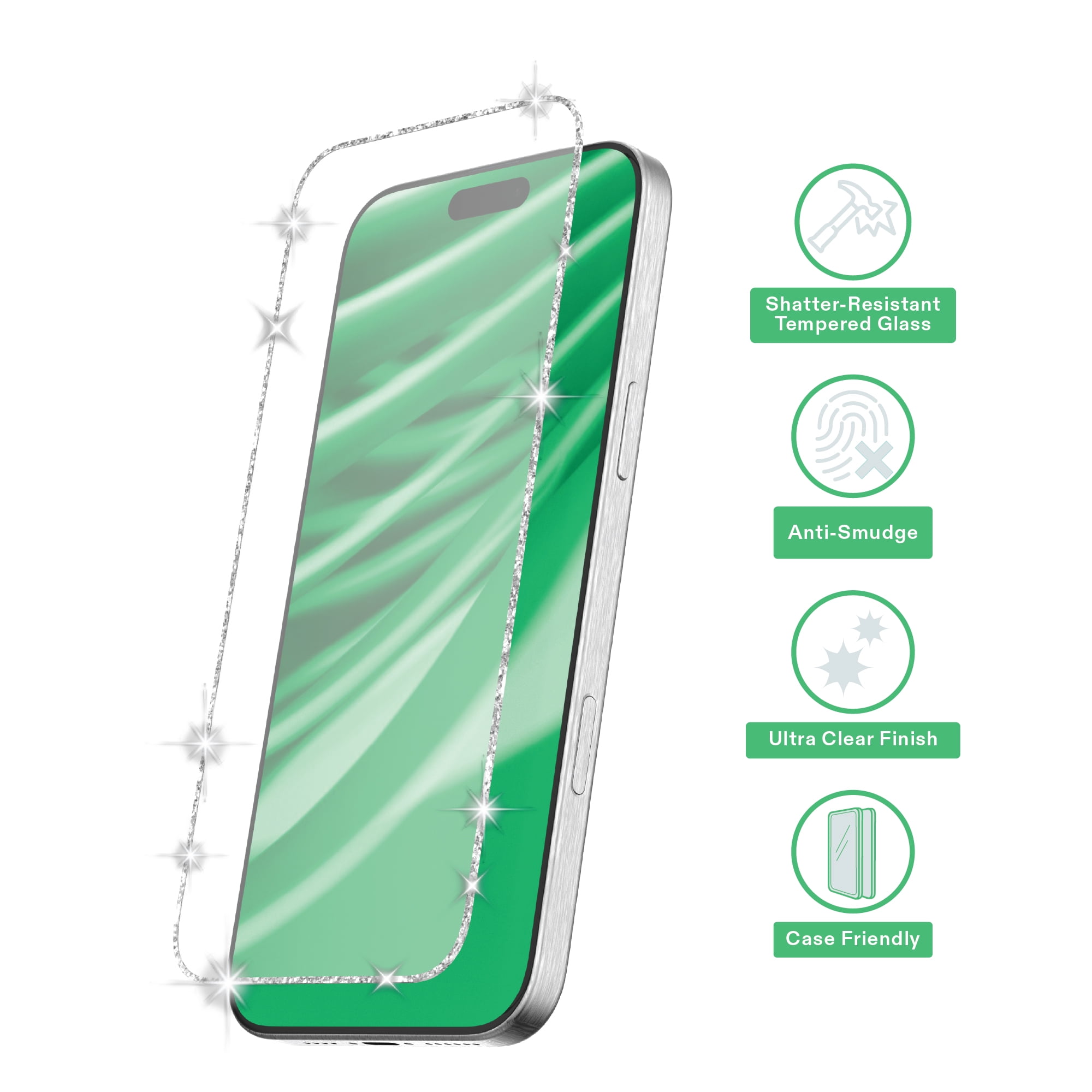 onn Glitter Frame Glass Screen Protector with Easy Application Tray for iPhone 16 / iPhone 15