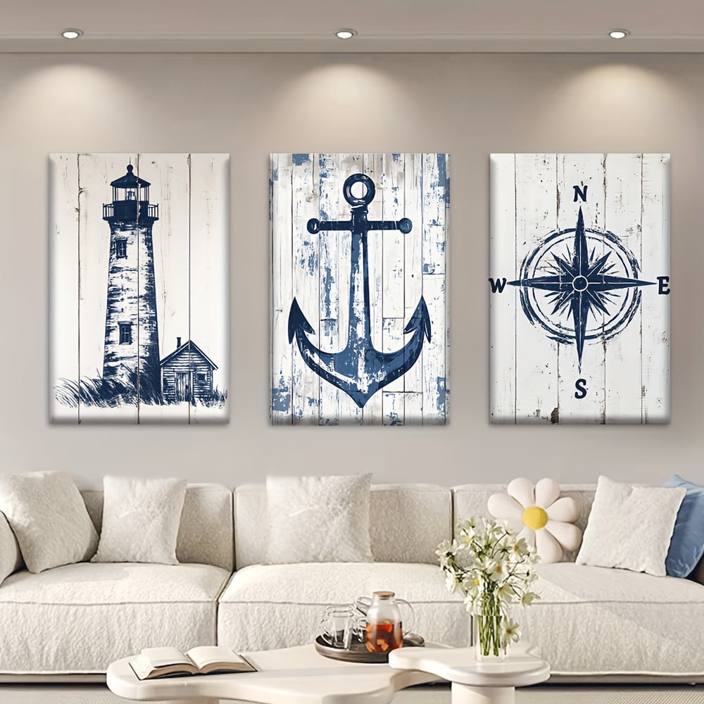 3pcs/Set, Canvas Painting--Unframed, Nautical Charts Lighthouse Anchor Compass, Posters And Prints, Living Room, Library, Office, Cafe, Bar, Abstract Art, Perfect Birthday, Holiday Gift,