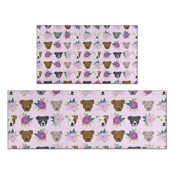 Cute Pitbull Terriers Dog and Flower Kitchen Rugs Sets Of 2,Anti Fatigue Kitchen Mat Rugs Non Slip Washable,Decorative Kitchen Floor Mats for Kitchen,Sink,Laundry,17"x30" 17"x47"