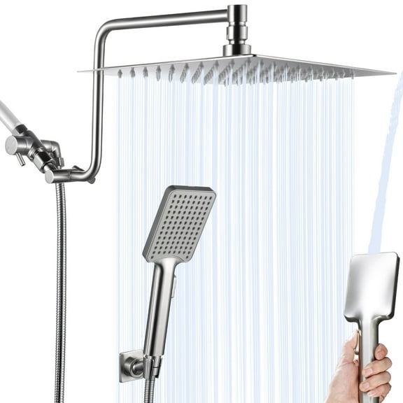 YDmeet 10" Square Rain Shower Head with Handheld Spray, Stainless Steel High Pressure Combo, 12" Extension Arm & Brass Holder in Brushed Nickel