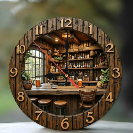 Rustic Wooden Bar Clock Wall Decor Home Pub 10-Inch Silent Wooden Wall Clock, Battery Operated (AA Batteries Not Included), Artistic Home Decor